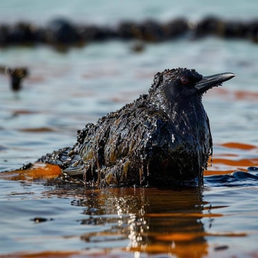 a bird that is covered with oil after oil spill disaster on the sea